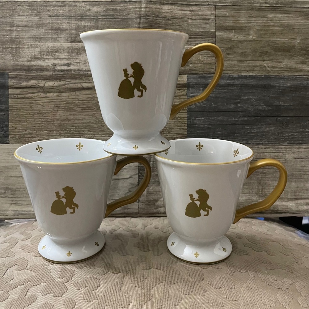 Disney Parks Beauty and the Beast Gold Silhouette Pedestal Mugs Set of 3 White
